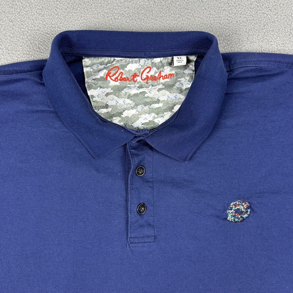 Robert Graham Polo Shirt Mens XL Blue Camo Collar Skull Embroidered Casual